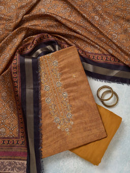 Koskii - Mustard Threadwork Chanderi Unstitched Dress Material