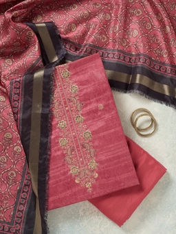 Koskii - Onion Pink Threadwork Chanderi Unstitched Dress Material