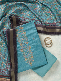 Koskii - Sky Blue Threadwork Chanderi Unstitched Dress Material