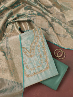Koskii - Sea Green Zardozi (Gold) Tissue Unstitched Dress Material