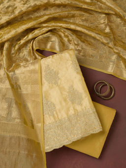 Koskii - Gold Metallic Embroidery Tissue Unstitched Dress Material