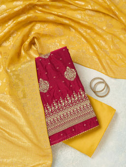 Koskii - Rani Pink Metallic Embroidery Chanderi Unstitched Dress Material