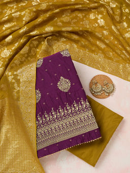 Koskii - Purple Metallic Embroidery Chanderi Unstitched Dress Material
