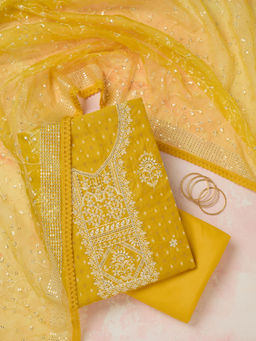 Koskii - Mustard Metallic Embroidery Chanderi Unstitched Dress Material