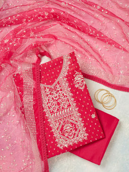 Koskii - Rani Pink Metallic Embroidery Chanderi Unstitched Dress Material