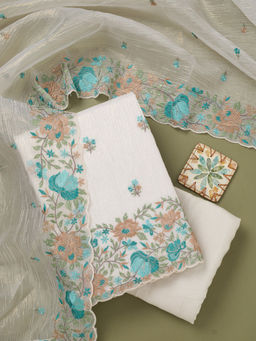 Koskii - Beige Threadwork Tissue Unstitched Dress Material