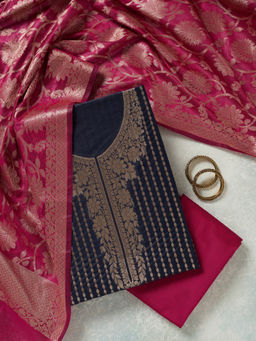 Koskii - Navy Blue Zariwork (Gold) Banarasi Unstitched Dress Material