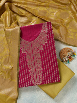 Koskii - Rani Pink Threadwork Banarasi Unstitched Dress Material