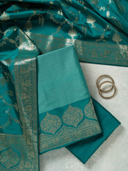 Koskii - Teal Zariwork (Gold) Banarasi Unstitched Dress Material