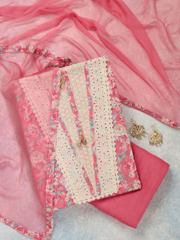 Koskii - Pink Threadwork Cotton Unstitched Dress Material