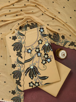 Koskii - Beige Threadwork Cotton Unstitched Dress Material