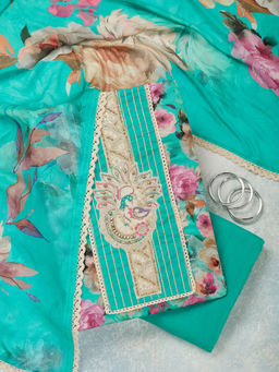 Koskii - Turquoise Threadwork Cotton Unstitched Dress Material