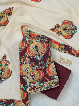 Koskii - Brown Threadwork Cotton Unstitched Dress Material