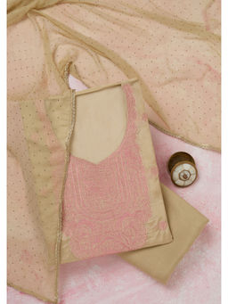 Koskii - Beige Threadwork Semi Crepe Unstitched Dress Material