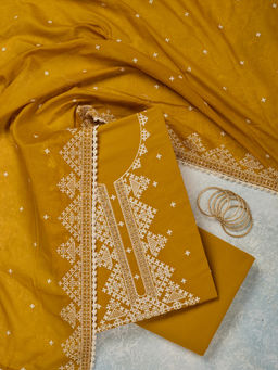 Koskii - Mustard Threadwork Semi Crepe Unstitched Dress Material