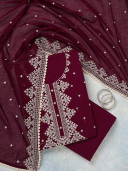 Koskii - Wine Threadwork Semi Crepe Unstitched Dress Material
