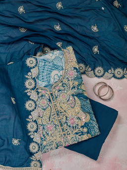 Koskii - Navy Blue Threadwork Cotton Unstitched Dress Material