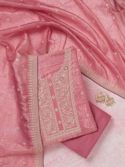 Koskii - Pink Threadwork Semi Crepe Unstitched Dress Material