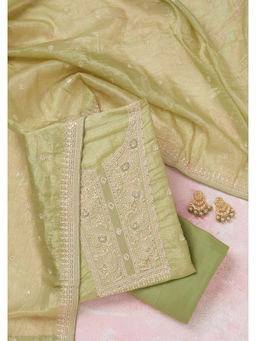 Koskii - Pista Green Threadwork Semi Crepe Unstitched Dress Material