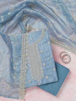 Koskii - Blue Threadwork Tissue Unstitched Dress Material