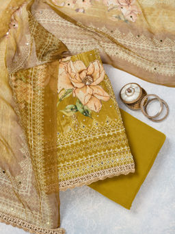 Koskii - Mustard Cutdana Semi Crepe Unstitched Dress Material