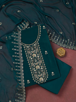 Koskii - Teal Threadwork Semi Crepe Unstitched Dress Material