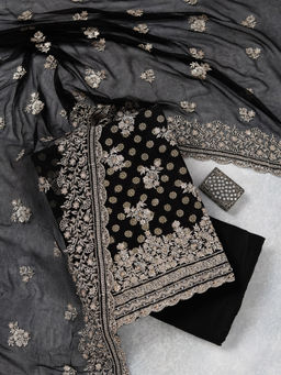 Koskii - Black Zariwork (Gold) Chinon Unstitched Dress Material