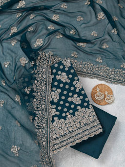 Koskii - Teal Zariwork (Gold) Chinon Unstitched Dress Material