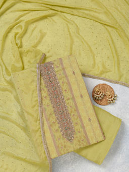 Koskii - Lemon Green Zariwork (Gold) Organza Unstitched Dress Material