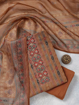 Koskii - Brown Threadwork Chanderi Unstitched Dress Material