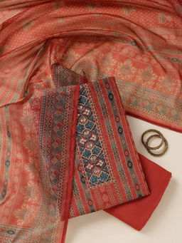 Koskii - Rust Threadwork Chanderi Unstitched Dress Material