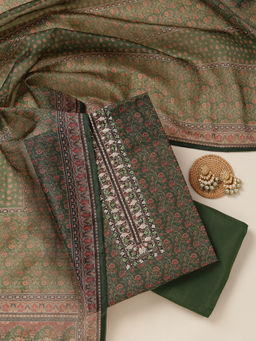 Koskii - Leaf Green Threadwork Chanderi Unstitched Dress Material
