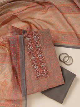 Koskii - Grey Threadwork Chanderi Unstitched Dress Material