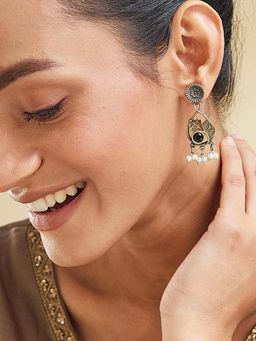 Fabindia - Women Brass Black Stone and Pearl Dangler Earrings