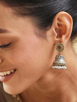 Fabindia - Women Brass Red Stone and Pearl Jhumka Earrings