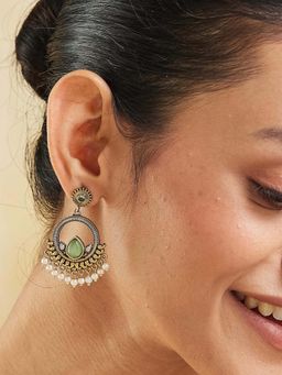 Fabindia - Women Brass Green Stone and Pearl Dangler Earrings