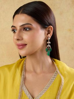 Indinoor - Women Green Kundan Polki Drop Dangler Earrings