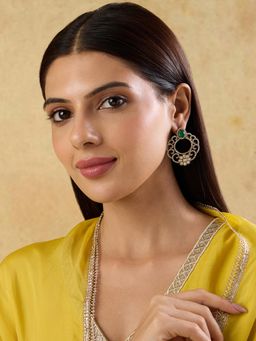 Indinoor - Women Green Kundan Polki Filigree Drop Earrings