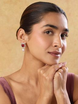 Indinoor - Women Ruby Red Zirconia Pearl Drop Earrings