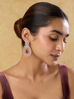 Indinoor - Women Pink Stone Zirconia Large Drop Earrings