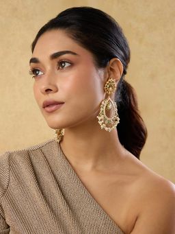 Indinoor - Women Green Jadau Long Chandbali Earrings