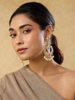 Indinoor - Women Turquoise Jadau Long Chandbali Earrings