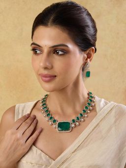 Indinoor - Women Green Square Stone Studded Necklace Set