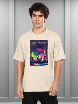 BULLMER - Beige Trendy Printed Crew Neck Oversized Concert Coldplay T-Shirt