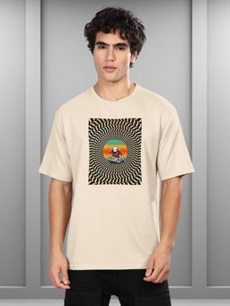 BULLMER - Beige Trendy Printed Crew Neck Oversized Concert Coldplay T-Shirt