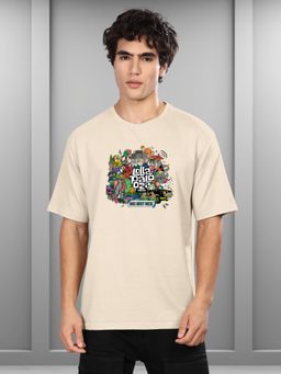 BULLMER - Beige Trendy Printed Crew Neck Oversized Concert Coldplay T-Shirt