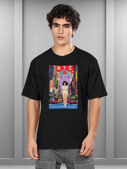 BULLMER - Black Trendy Printed Crew Neck Oversized Concert Coldplay T-Shirt