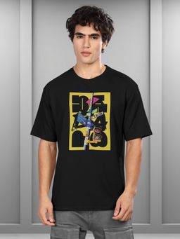 BULLMER - Black Trendy Printed Crew Neck Oversized Concert Coldplay T-Shirt