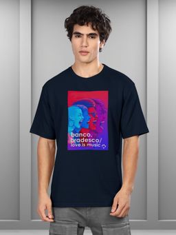 BULLMER - Navy Blue Trendy Printed Crew Neck Oversized Concert Coldplay T-Shirt