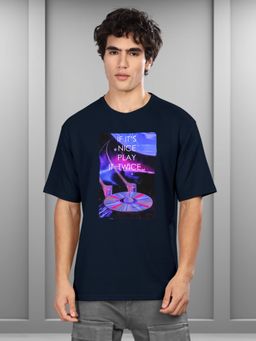 BULLMER - Navy Blue Trendy Printed Oversized Concert Coldplay T-Shirt